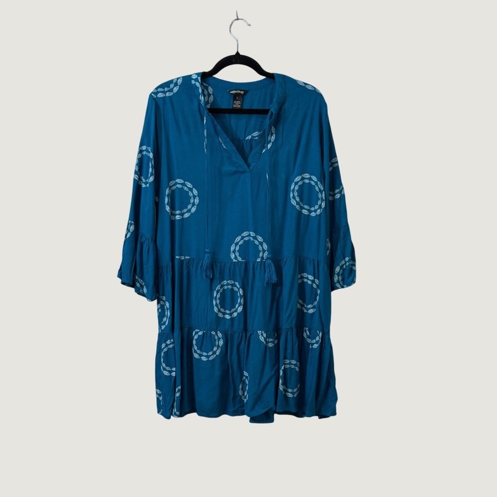 Millenium Teal Blue Tiered Tunic Dress Boho Bell Sleeve Peasant Artsy Beach Sz L